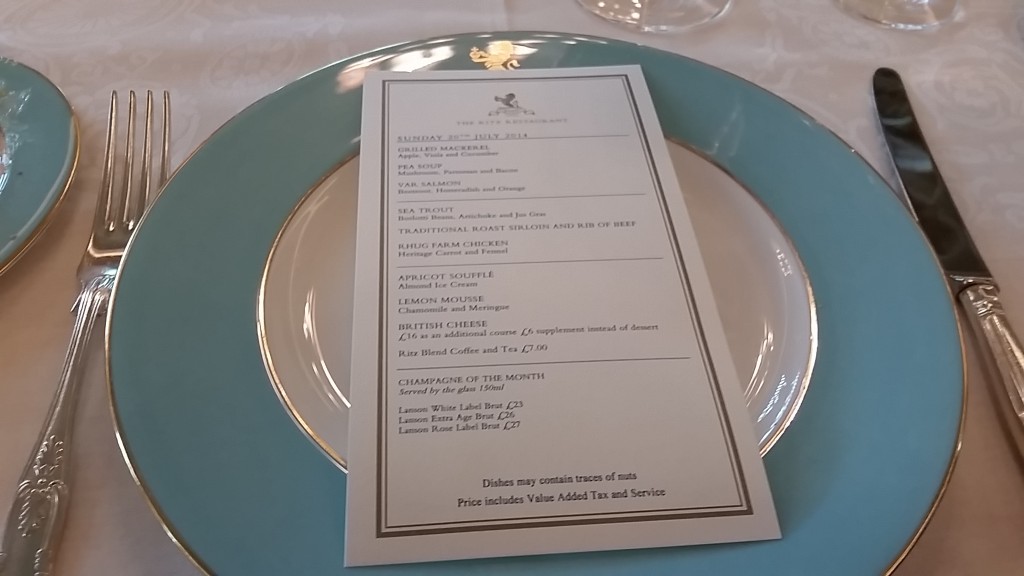 The Ritz restaurant menu